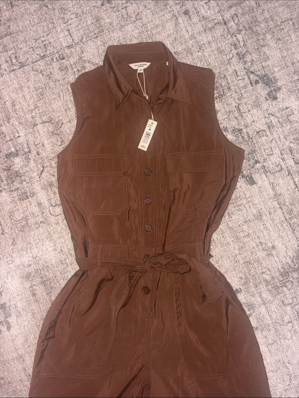 Max Studio Brown Sleeveless Utility Jumpsuit with Tie Waist - Picture 2 of 8
